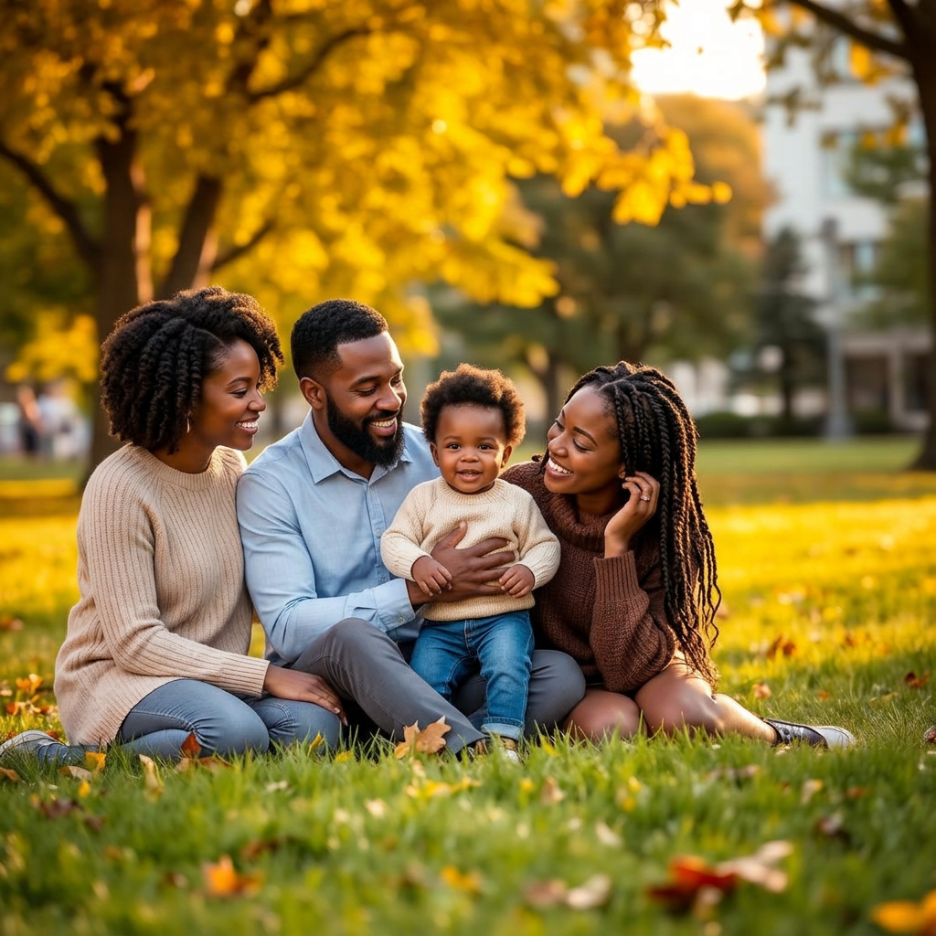 Family of four sitting together on autumn grass in a leafy city park