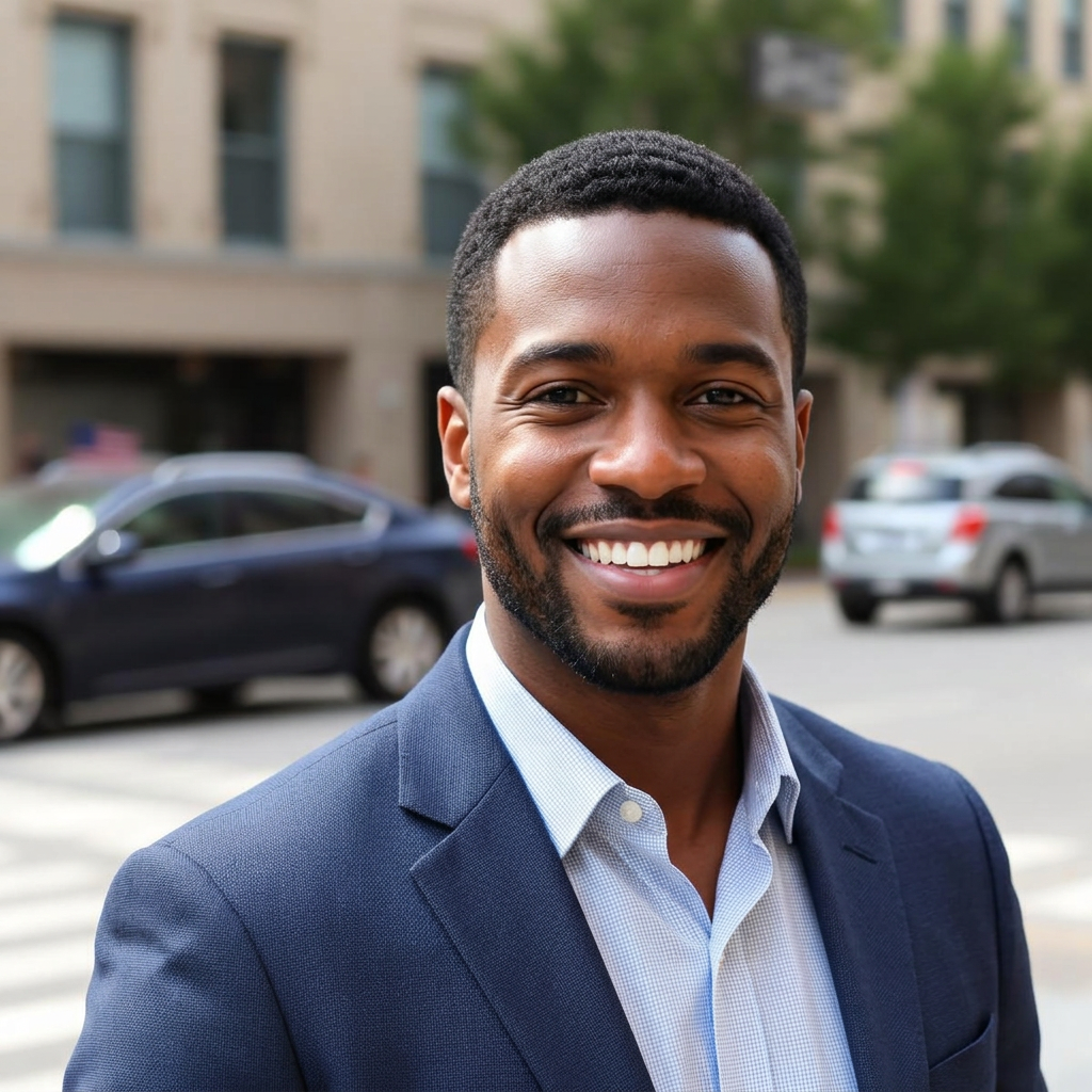Smiling professional in a navy blazer photographed outdoors with a softly blurred city background