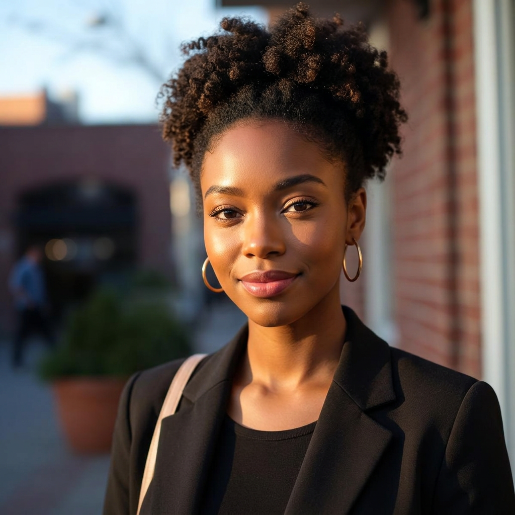 Young woman in a dark blazer photographed in warm evening light on a Philadelphia brick street